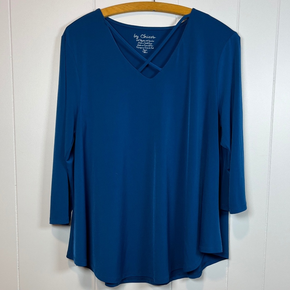 by Chico's Blue Knit Tunic Top 3/4 Sleeves sz 2 (Large) Soft Casual Chic